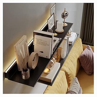 Imagem de Prateleiras de parede de liga de alumínio preta com luz LED iluminada embutida, prateleiras de exibição flutuantes montadas na parede, para banheiro/showroom/rack de armazenamento de sala de estar