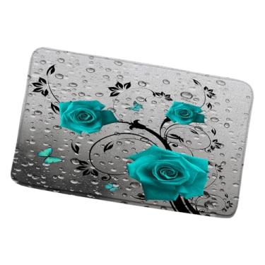 Imagem de Tapete de banho de flor rosa turquesa moda menina azul-petróleo floral borboleta dia dos namorados romântico cinza moderno gota de água tapetes abstratos banheiro cozinha banheiro tapete 45 x 75 cm