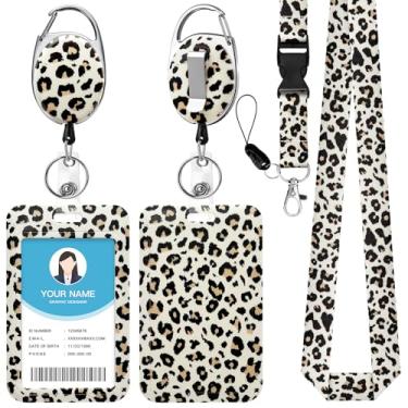 Imagem de Soleebee Porta-crachá de identificação com cordão destacável, etiquetas de nome com estampa de leopardo, porta-cartões de identificação, chaveiro retrátil, carretel de crachá resistente com clipe