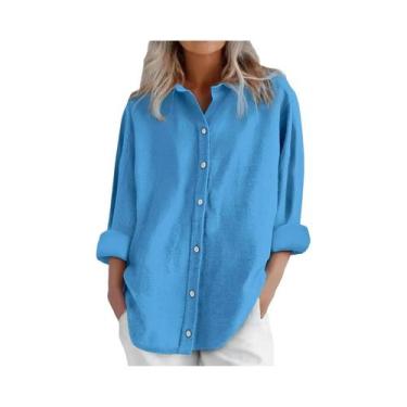 Imagem de Camisa Casual Feminina De Algodão E Linho Manga Longa Cor Sólida Com B