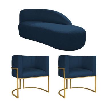 Imagem de Kit Divã Luna 140cm Lado Direito E 02 Poltronas Base De Ferro Dourado Suede Cor Azul Marinho