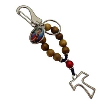 Imagem de Chaveiro Dezena de São Carlo Acutis contas em madeira com medalha ARL4