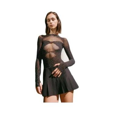 Imagem de Macacão Feminino Sexy Preto Transparente Com Listras Jacquard De Manga