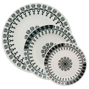 Imagem de Kit Pratos Rasos Fundos E Sobremesa Donna Folk Oxford Cerâmica 24 Peça