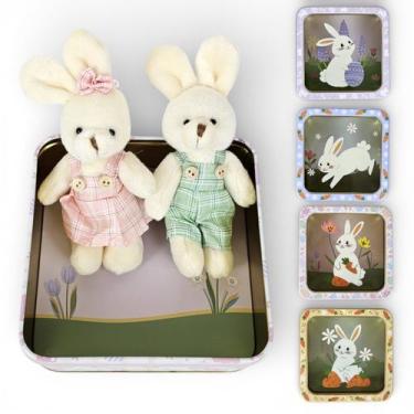 Imagem de Kit Coelhos Casal Pelúcia C/ Lata Visor Estampada Páscoa - MktPlace