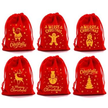 Imagem de Conjunto de sacolas de presente de Natal com cordão, veludo vermelho, 