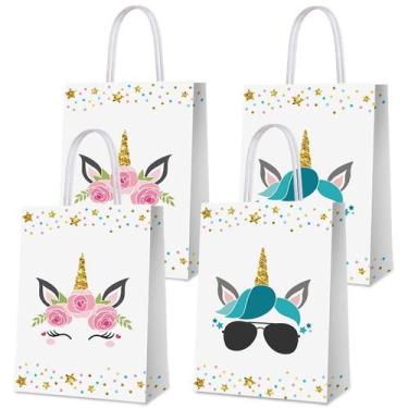 Imagem de Saco de presente, papel kraft branco unicórnio, 22x16x8cm, pacote com 