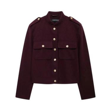 Imagem de Jaqueta Bomber Feminina De Tweed Macio Com Gola O, Manga Longa, Bolsos