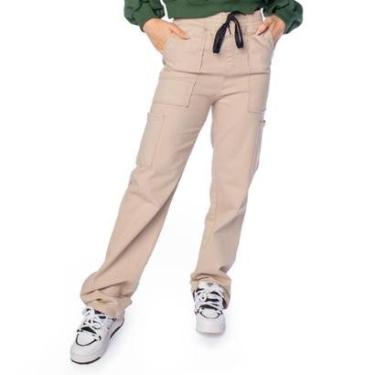 Imagem de Calça Sarja Feminina Max Denim Wide Leg Bolsos Cargo Bege-Feminino