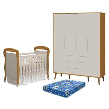 Imagem de Berço Americano Danny Com Colchão Ortobom E Guarda Roupa 4 Portas Elfe Retrô Areia Savana Acetinado Amadeirado - Reller