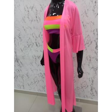 Imagem de Saída de Praia Longa Feminina Manga 3/4 Babado Fenda Lateral dois Lado