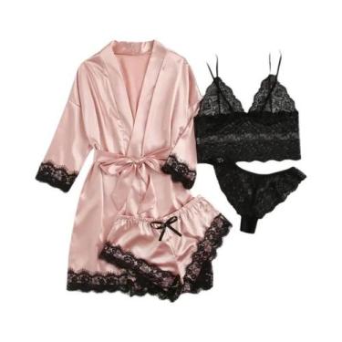Imagem de Conjunto De Pijama Feminino De Cetim Com Renda Sexy, Estampa Moderna, 