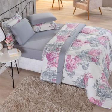 Imagem de Edredom Malha 100% Algodão Primavera 1 Peça Casal - Floral Cinza - Enx