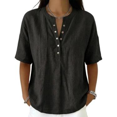 Imagem de Camisa feminina casual de linho e algodão com gola Henley preta - Hong