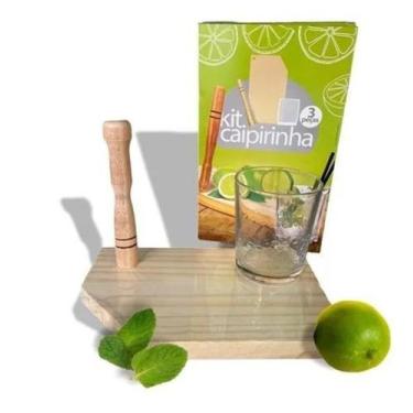 Imagem de Kit Caipirinha Com 3 Peças Socador Copo E Tabua Em Madeira - Madlar