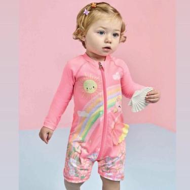 Imagem de Macacao UV Infantil Menina Infanti Rosa Neon Flamingo Verão Moda Praia