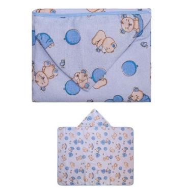 Imagem de Toalha Banho Bebe Toalha C/ Forro Fralda 70x90cm Bercinho, AzulBalão