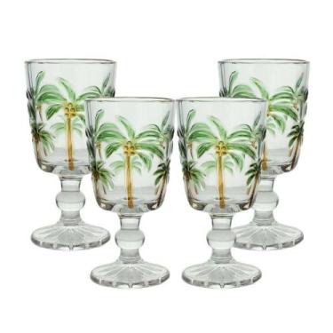 Imagem de Jogo 4 Taças Tropical Palm Tree Coqueiro para Água Vidro 275ML Transpa
