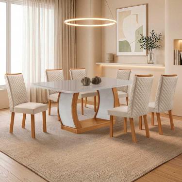 Imagem de Conjunto de Jantar Milena 6 Lugares Tampo MDF com Vidro Serigrafado Cadeiras Lira Veludo Off White 180CM Moderna