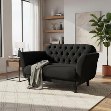 Imagem de Namoradeira Decorativa Dália Couro Preto 2 Lugares Pés Madeira Ms Deco