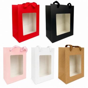 Imagem de 4 Sacolas Presente com Visor Transparente Kraft Preta Branca Embalagem