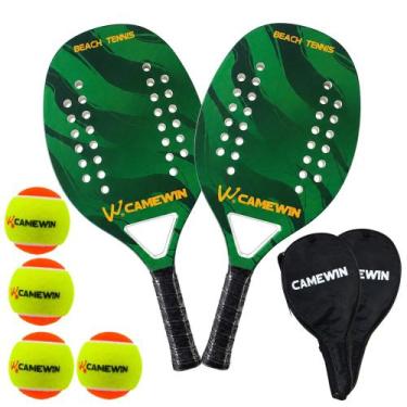 Imagem de Kit 2 Raquetes Beach Tennis Camewin Carbono + 4 Bolinhas, Verde milita
