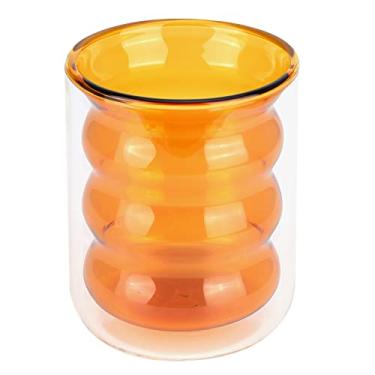 Imagem de Copo de vidro, espiral de parede interna tridimensional 200 ml para cafés, hotéis, salas de chá, restaurantes para bebidas frias, chá gelado, cerveja (copo duplo de bambu amarelo)