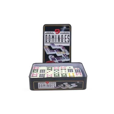 Imagem de Jogo de Dominós 55 Peças e 9 Cores Com Estojo Lata Para Organizar Presente Diversão Família e Amigos