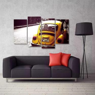 Imagem de Quadro Decorativo Carro Fusca Amarelo Mosaico Tecido 4 Peças