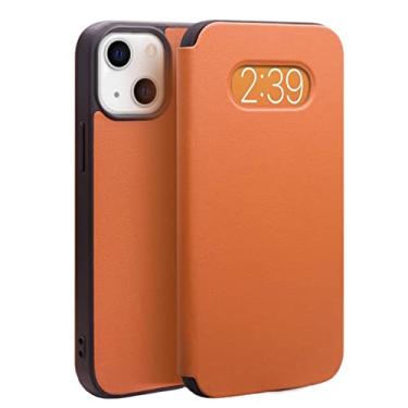 Imagem de GSYH Capa flip para iPhone 13 Mini/13/13 Pro/13 Pro Max, Capa de couro legítimo com função de visualização de janela Capa de proteção à prova de choque, Marrom, 13 15,5 cm