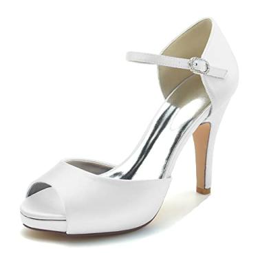Imagem de Sapatos de noiva stiletto sapatos femininos scarpin marfim salto alto peep toe fivela sapatos sociais 36-42,White,3 UK/36 EU