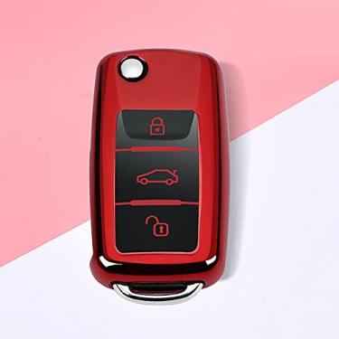 Imagem de CSHU TPU Car Key Case Cover Chaveiro Ring Key Bag, apto para VW Golf Bora Jetta POLO GOLF Passat Skoda octevia A5 Fabia Seat Leon, vermelho