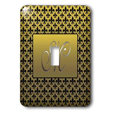 Imagem de 3dRose lsp_36091_1 Elegante Letra M Gravado em Moldura Dourada sobre um Padrão Fleur-De-Lis Preto em uma Capa de Interruptor de Luz de Fundo Dourado