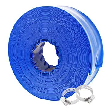 Imagem de Poolvio Mangueira de lavagem azul profissional de 3,8 cm x 3,8 m com grampos, mangueira de descarga de água plana reforçada de PVC para uso geral para uso durante a lavagem de filtros e piscinas de drenagem