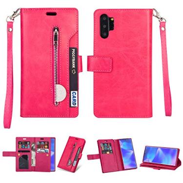 Imagem de Capa para Samsung Galaxy Note 10 Plus, carteira de couro PU flip com zíper, bolso e compartimentos para cartões, fecho magnético, capa protetora à prova de choque com alça de pulso para Samsung Galaxy Note 10 Plus (rosa vermelha)