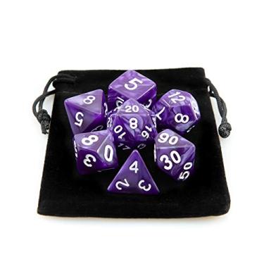 Imagem de Kit 7 Dados RPG de Mesa D&D Opaco Perolado D4 D6 D8 D10 D10% D12 D20 Cor ROXO + 1 Bolsa