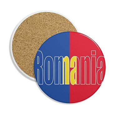Imagem de Caneca de porta-copos com nome da bandeira do país da Romênia com pedra absorvente de proteção de mesa
