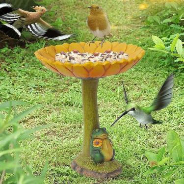 Imagem de Brteyes Banho de pássaro de resina para ambientes externos, estátua de sapo em pé, enfeite de alimentador de pássaros, estátua de animais, decoração de jardim, alimentadores de pássaros para decoração de estaca de jardim