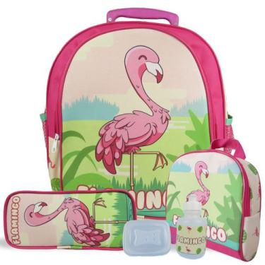 Imagem de Kit Escolar Mochila Infantil De Rodinhas Tam M Flamingo - Vou Leve