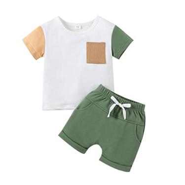 Imagem de Roupas de verão para meninos tamanho 4 infantil meninos manga curta patchwork camiseta pulôver tops shorts roupas de bebê menino, Branco, 2-3 Years