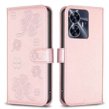 Imagem de Para Realme C55, capa carteira com 3 cartões e 1 compartimento para dinheiro, capa de telefone flip de couro PU à prova de choque compatível com Realme C55 17.1 cm (rosa)