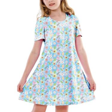 Imagem de Deerose Vestidos de Páscoa para meninas manga curta verão tropical camiseta vestido 5-14 anos, Coelhinho da Páscoa, azul, 5-6 Anos