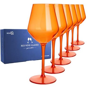 Imagem de MICHLEY Conjunto de 6 taças de vinho coloridas com haste longa vermelho branco tritano-plástico presente 425 g para festa em casa Ourdoor, laranja