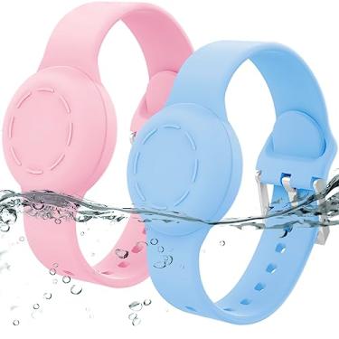 Imagem de Pulseira impermeável para crianças, pulseira de silicone compatível com Apple Air Tag, capa com suporte oculto para rastreador GPS, antiperda, ajustável, para crianças pequenas (pacote com 2, rosa e