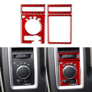 Imagem de PJFUS Painel de interruptor de farol de carro e ar condicionado moldura de ventilação moldura guarnição adesivo de fibra de carbono real compatível com Ram 1500 2500 3500 2013-2018 acessórios interiores automotivos vermelho 4 peças