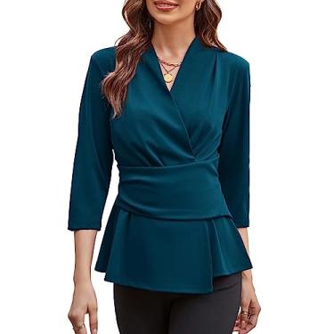 Imagem de GRACE KARIN Blusa feminina peplum 2024 elegante com decote em V e manga 3/4, blusa de trabalho lisa, gravata na cintura, camisas casuais de negócios, Azul pavão, XXG