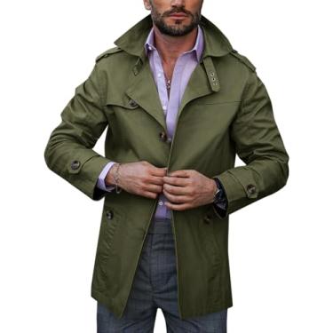 Imagem de Runcati Casaco masculino trench coat único trespassado comprimento médio slim fit clássico leve manga longa jaqueta corta-vento, Verde militar, GG