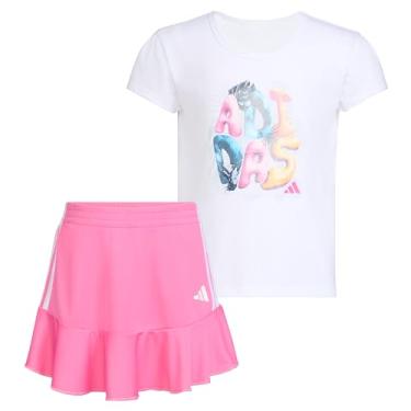 Imagem de adidas Conjunto de saia saia saia e camiseta com babados de 2 peças, branco e rosa brilhante, Branco e rosa brilhante, 6X