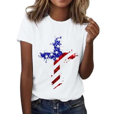 Imagem de Camiseta feminina com bandeira americana Star Stripes 2024, 4 de julho, patriótica, manga curta, verão, casual, tops, Branco, G