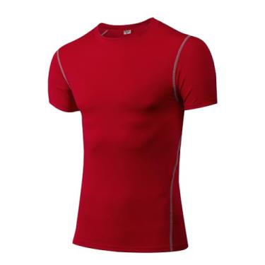 Imagem de EARGFM Camiseta masculina de compressão de manga curta seca e fresca para treino atlético, elastano, esportiva, corrida, camada básica, Vermelho, M